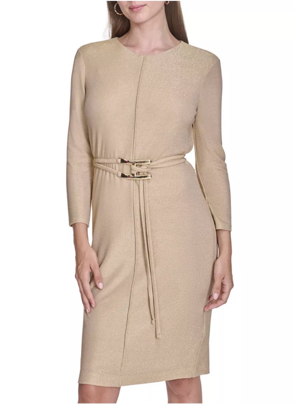 HALSTON 3/4 Sleeve Crew Neck Belted Solid Knit Midi Sheath Dress